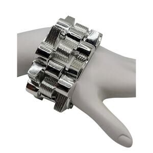 Vintage Wide Link Bracelet Silver Tone Geometric Statement Bracelet